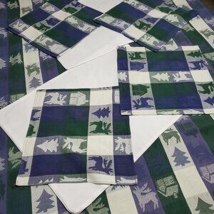 Vintage Purple, Green, and White Plaid Jacquard Christmas Oblong Tablecloth Set